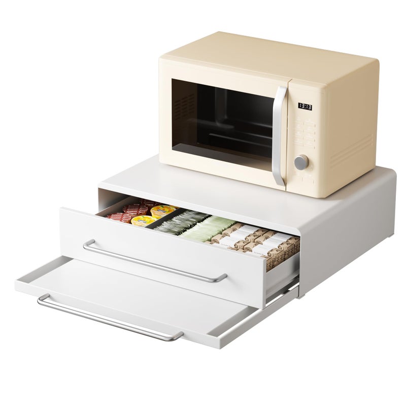 DTK Microwave Stand with Pull-Out Drawer & Tray, Kitchen Storage Drawers Countertop for Compact Microwave, Coffee Station & Kitchen Appliance, Microwave Riser with Storage, White(Stand+Drawer+Tray) - Image 1