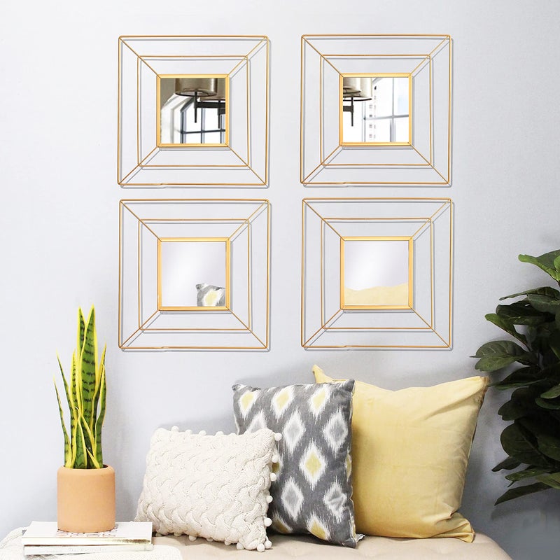 Cityelf 4 Set Square Gold Mirrors for Wall Metal Mirrors for Home Dcor Decorative Mirrors Hanging Horizontal or Vertical 4 Set Square Wires 4 