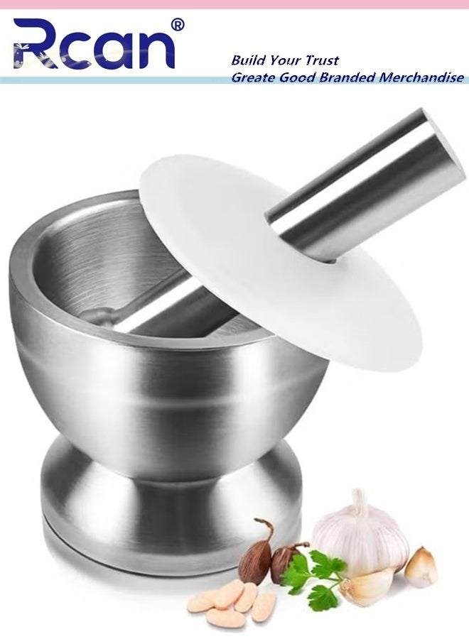 ركان مجموعة الهاون والمدقة من الفولاذ المقاوم للصدأ، مطحنة توابل مع غطاء، كسارة حبوب، وعاء أعشاب، مسحوق بيستو - Image 1