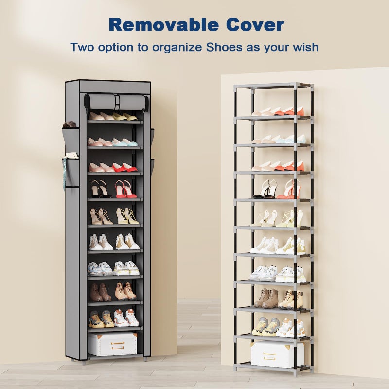 Mavivegue Shoe Rack with Cover, 10 Tier Tall Shoe Organizer for 18-22 Pairs of Shoes, Shoe Storage Organizer for Entryway, Closet, Garage, Grey, S - Image 4