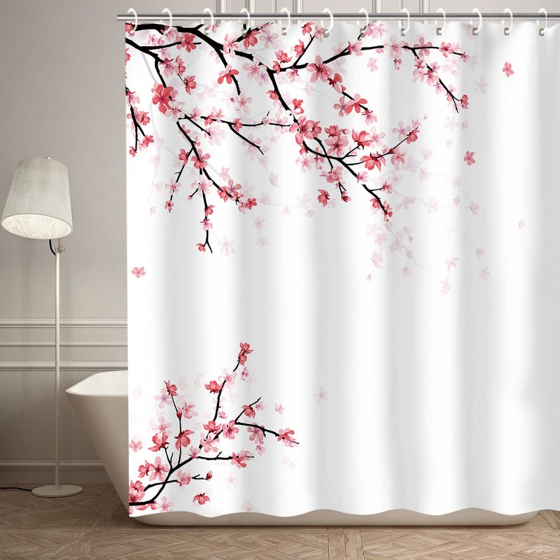 LIVILAN Cherry Blossom Shower Curtain Pink Floral Shower Curtain with 12 Hooks Sakura Fabric Bath Curtain Decorative Japanese Shower Curtain 72 X 72