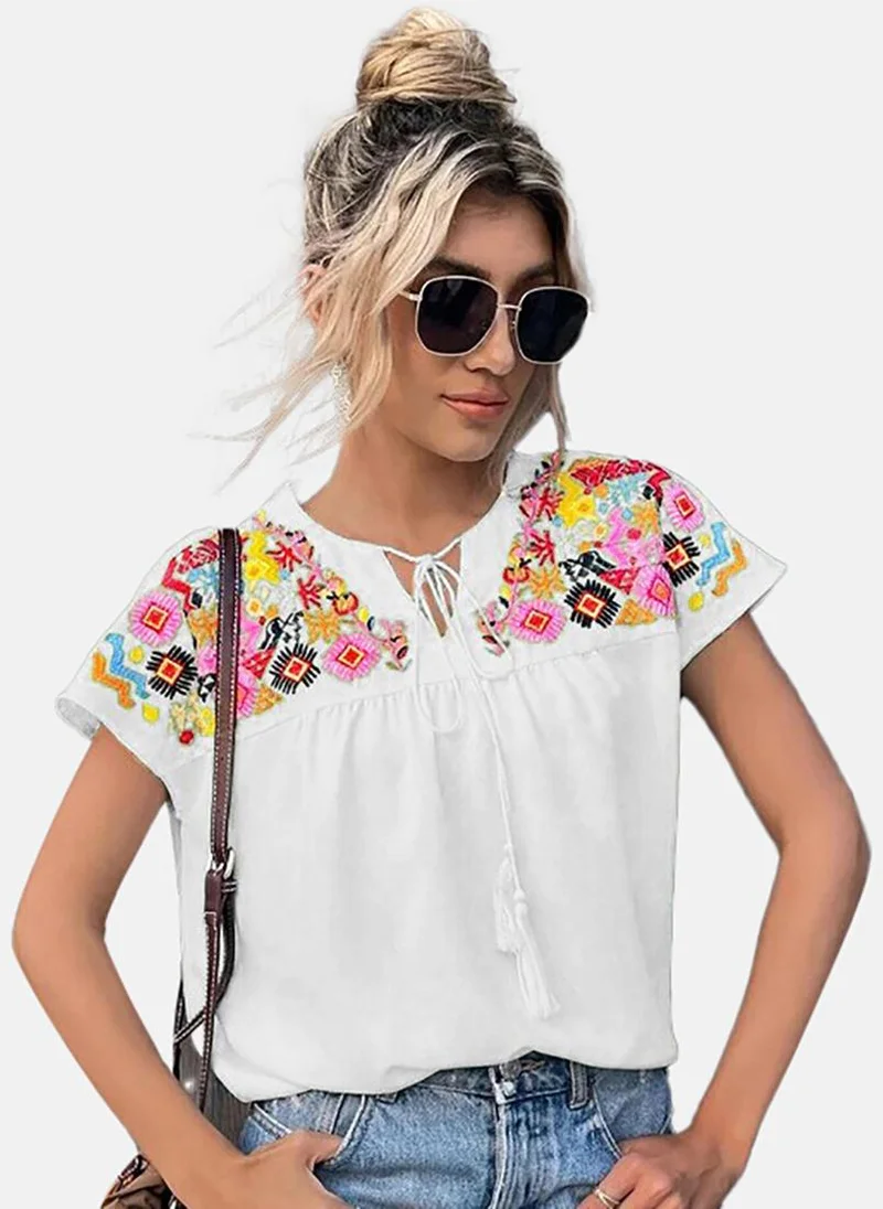 يونيكي Embroidered Floral Printed Tie-Up Neck Top