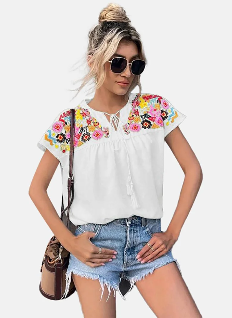 يونيكي Embroidered Floral Printed Tie-Up Neck Top