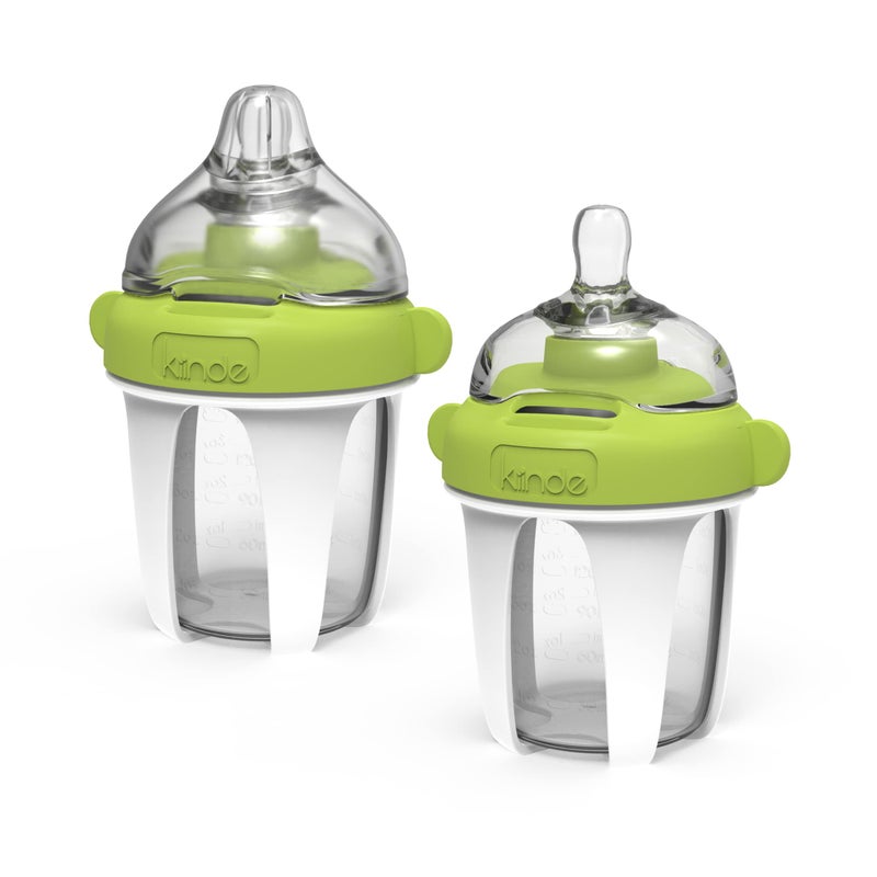 Kiinde Active Latch Silicone Baby Bottle, Anti Colic, Leak Proof, Easy to Clean, Includes 2 Medium Flow Active Latch Nipples with Covers, 4 Ounce, 2 Count, Green - Image 1