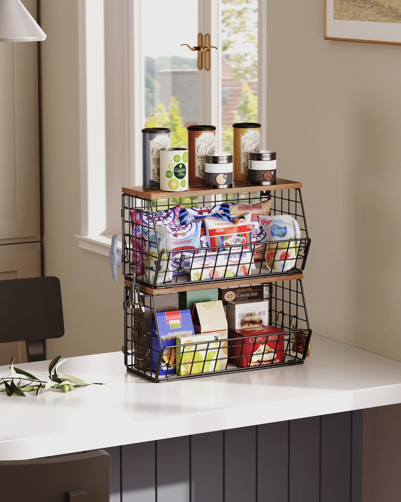 CHOEZON 2-Tier Fruit Basket for Kitchen, Stackable wire basket with Wooden Lid, Hanging Basket with 4 Banana Hanger Hooks, for Snack, Fruit, Vegetable Storage, Rustic Brown and Black TCW04P2BF - Image 4