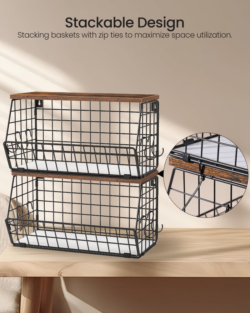 CHOEZON 2-Tier Fruit Basket for Kitchen, Stackable wire basket with Wooden Lid, Hanging Basket with 4 Banana Hanger Hooks, for Snack, Fruit, Vegetable Storage, Rustic Brown and Black TCW04P2BF - Image 5