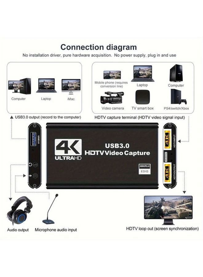 Balabaxer 4K HDTV Video Capture Card With HDTV Cable USB 3 0 Plug Play Low Latency HDR For Gaming Live Streaming - Image 4