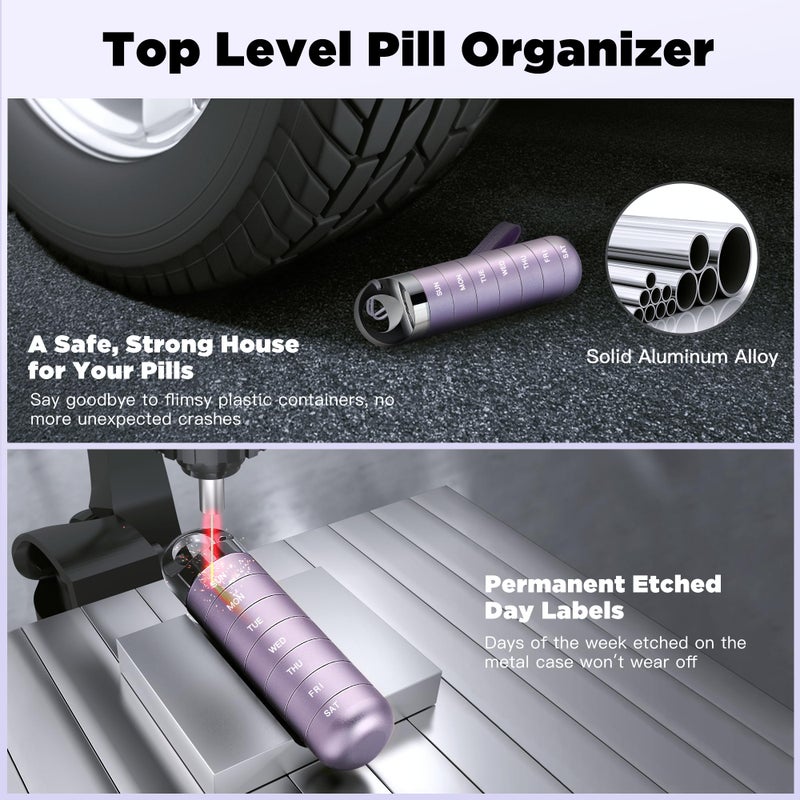 Zannaki Metal Travel Pill Organizer, Portable Waterproof Weekly Pill Box, Large Aluminum Alloy Pill Case Container, BPA Free 7 Day Daily Medicine Organizer Holder for Vitamin, Fish Oil, Supplement - Image 5