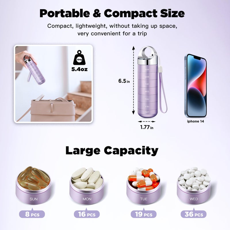 Zannaki Metal Travel Pill Organizer, Portable Waterproof Weekly Pill Box, Large Aluminum Alloy Pill Case Container, BPA Free 7 Day Daily Medicine Organizer Holder for Vitamin, Fish Oil, Supplement - Image 2