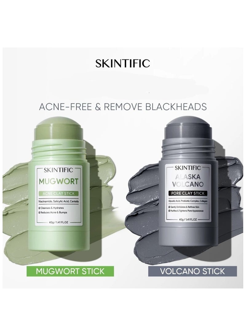 SKINTIFIC Mugwort & Alaska Volcano Clay Mask Sticks – Anti-Inflammatory, Deep Pore Cleansing & Blackhead Removal (2 x 40g) - Image 1