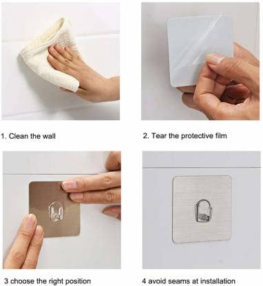 RIANZ Self Adhesive Wall Hooks Heavy Duty 3 Kg Max Each Hook Nail Free Sticky Hangers with Reusable Utility Towel Bath Ceiling and Kitchen Pack of 6 - Image 2