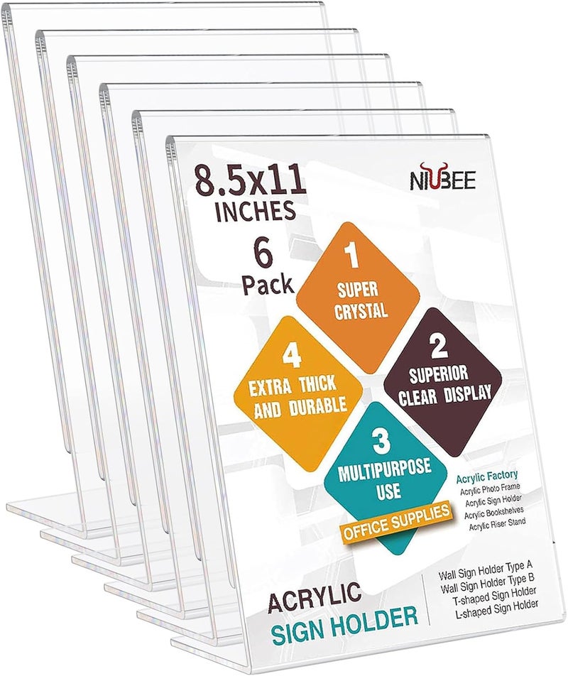 TPGP حامل لافتات أكريليك NIUBEE 6 عبوات 8.5x11 مع ظهر مائل عمودي - حامل عرض بلاستيك شفاف - Image 1