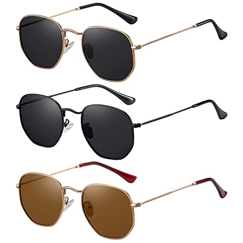 MEETSUN Polarized Hexagon Sunglasses for Women Men Polygon Square Sun Glasses UV400 Protection Metal Frame 3Pack Gold Gray+Black Gray+Gold Brown - Image 2