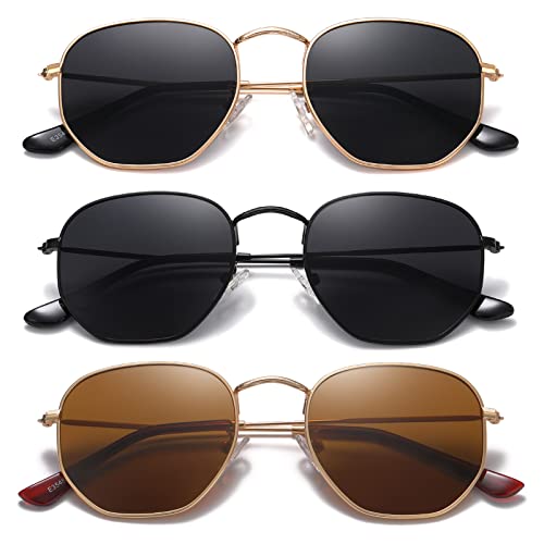 MEETSUN Polarized Hexagon Sunglasses for Women Men Polygon Square Sun Glasses UV400 Protection Metal Frame 3Pack Gold Gray+Black Gray+Gold Brown - Image 1