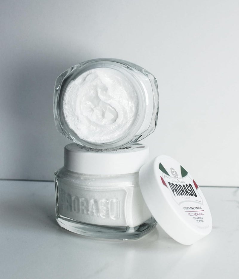 proraso كريم براوراسو قبل الحلاقة 100 مل كريم حلاقة حساس للرجال يلين البشرة مع مستخلصات الشوفان والشاي الأخضر صنع في إيطاليا أبيض - Image 3