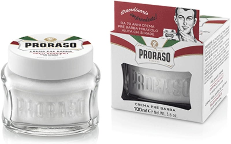 proraso كريم براوراسو قبل الحلاقة 100 مل كريم حلاقة حساس للرجال يلين البشرة مع مستخلصات الشوفان والشاي الأخضر صنع في إيطاليا أبيض - Image 1