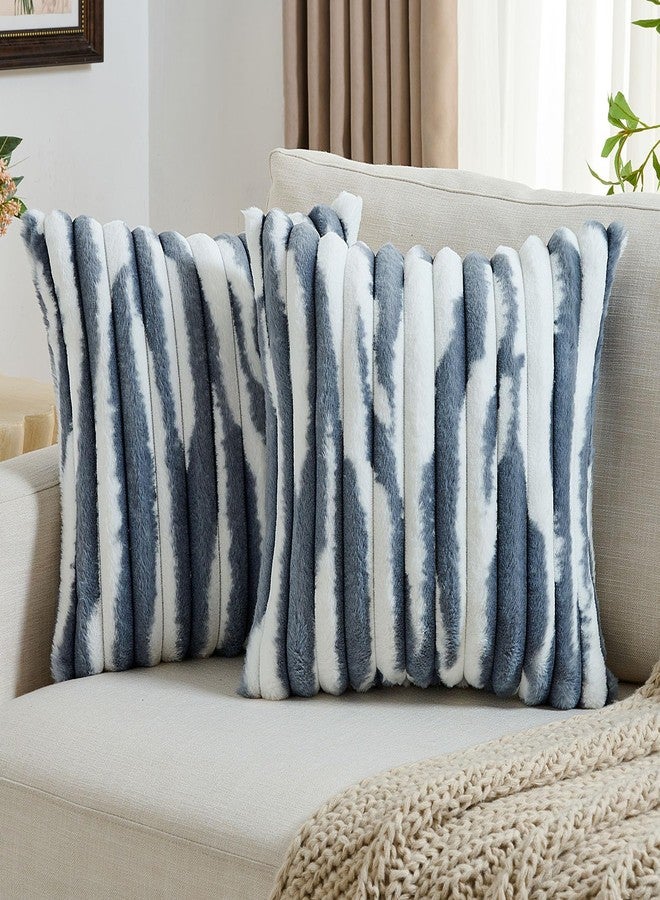 FUTEI Blue Decorative Throw Pillow Covers 18x18 Inch Set of 2, Soft Tie-Dye Faux Rabbit Fur Striped Texture Cushion Case, Modern Home Decor for Couch Bed Living Room - Image 1
