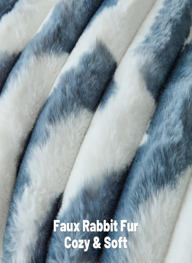 FUTEI Blue Decorative Throw Pillow Covers 18x18 Inch Set of 2, Soft Tie-Dye Faux Rabbit Fur Striped Texture Cushion Case, Modern Home Decor for Couch Bed Living Room - Image 2