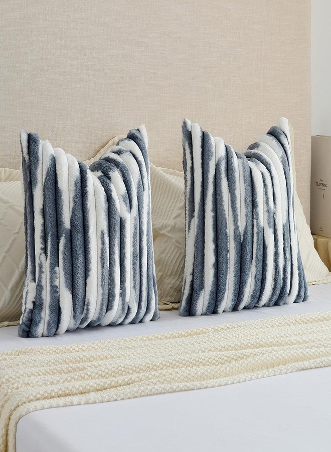 FUTEI Blue Decorative Throw Pillow Covers 18x18 Inch Set of 2, Soft Tie-Dye Faux Rabbit Fur Striped Texture Cushion Case, Modern Home Decor for Couch Bed Living Room - Image 5