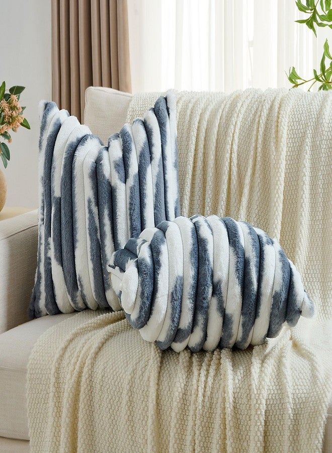 FUTEI Blue Decorative Throw Pillow Covers 18x18 Inch Set of 2, Soft Tie-Dye Faux Rabbit Fur Striped Texture Cushion Case, Modern Home Decor for Couch Bed Living Room - Image 4