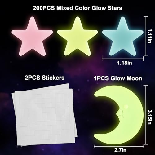 MAQIHAN 200 Glow in The Dark Stars for Ceiling Glowing Stars and Moon Stickers Estrellas que brillan en la oscuridad para el techo de cuarto Plastic Space Galaxy Decals Bedroom Wall Decorations - Image 3