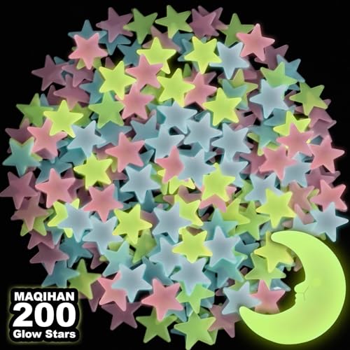 MAQIHAN 200 Glow in The Dark Stars for Ceiling Glowing Stars and Moon Stickers Estrellas que brillan en la oscuridad para el techo de cuarto Plastic Space Galaxy Decals Bedroom Wall Decorations - Image 1