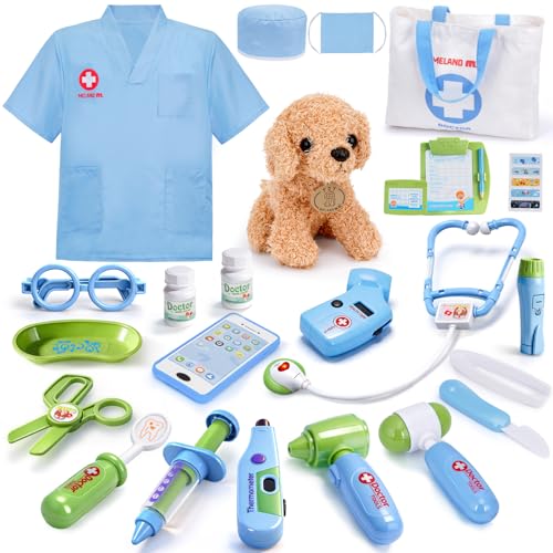 Meland Toy Doctor Kit for Kids  Pretend Play Doctor Set with Dog Toy Carrying Bag Stethoscope Toy  Dress Up Costume  Doctor Play Gift for Kids Toddlers Ages 3 4 5 6 Year Old for Role Play - Image 1