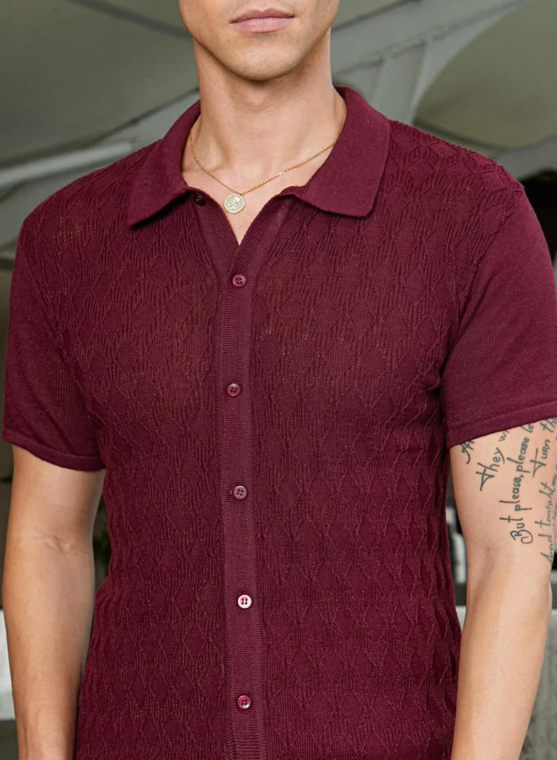 Campus Sutra Men's Burgundy Red Argyle-Knit Slim-Fit Shirt