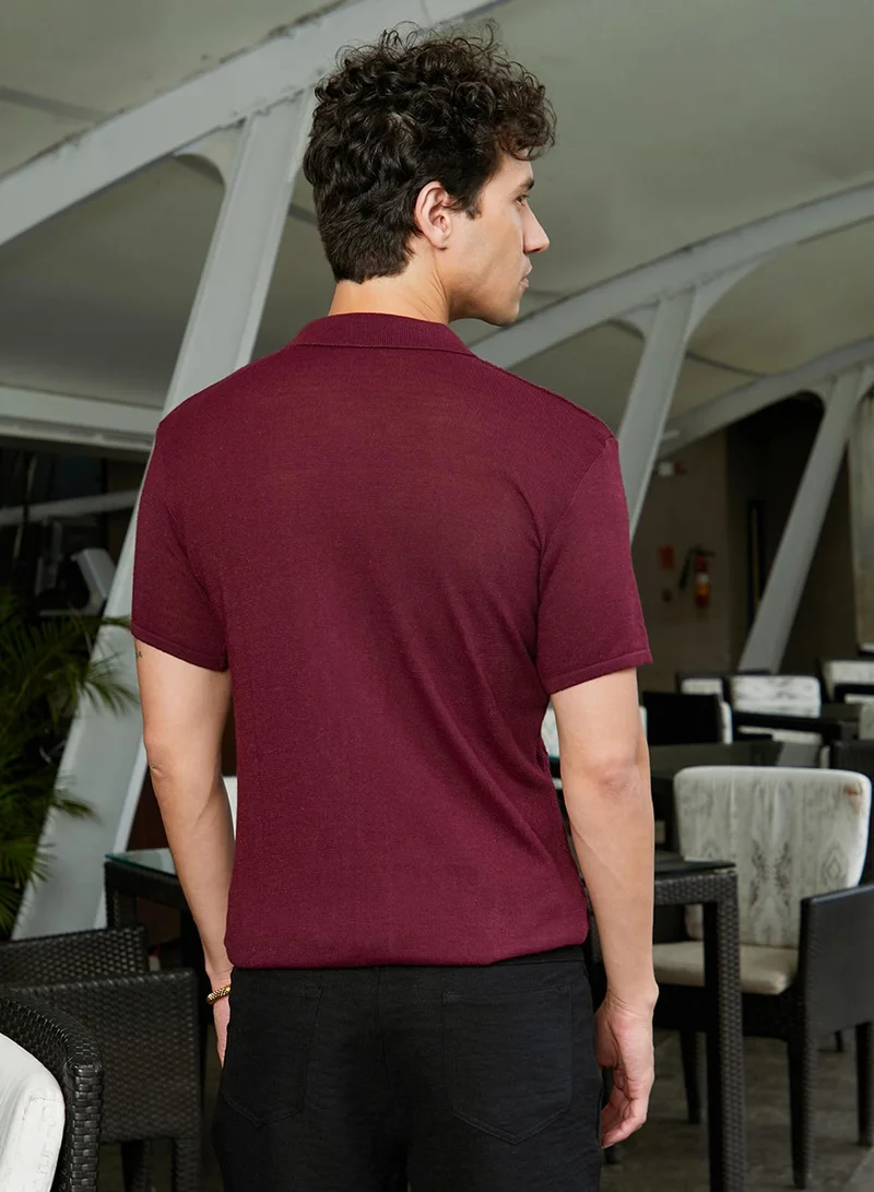 Campus Sutra Men's Burgundy Red Argyle-Knit Slim-Fit Shirt