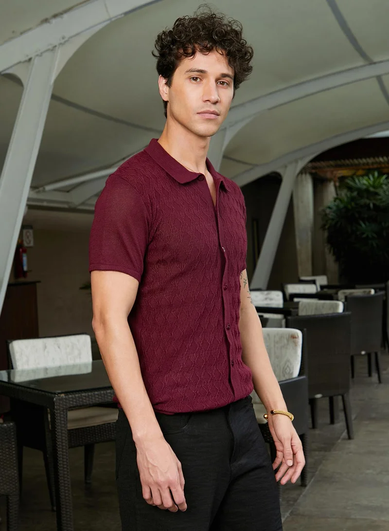 Campus Sutra Men's Burgundy Red Argyle-Knit Slim-Fit Shirt