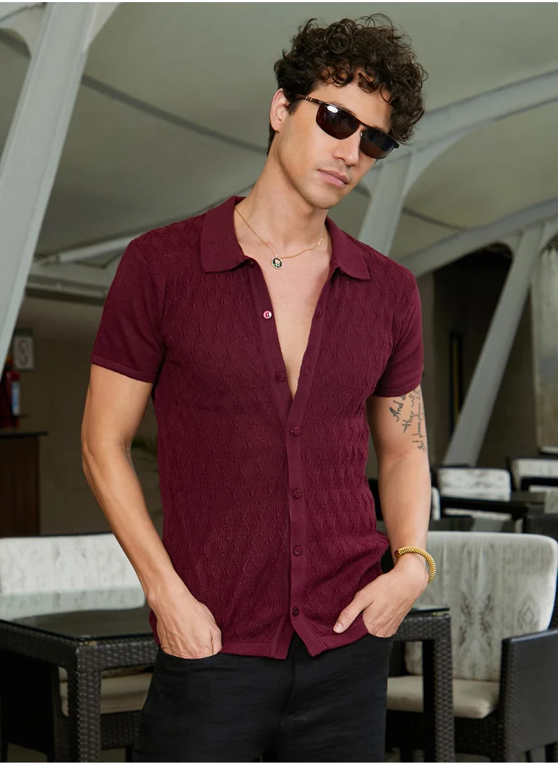 Campus Sutra Men's Burgundy Red Argyle-Knit Slim-Fit Shirt