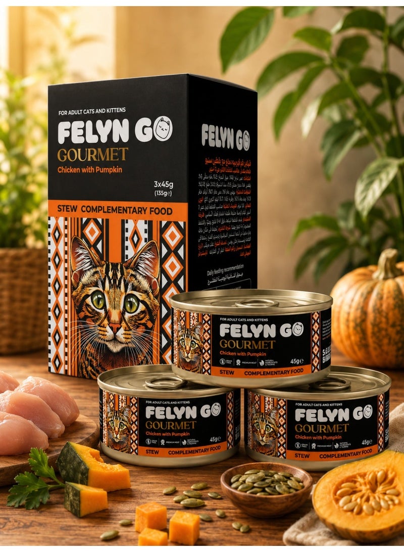 Felyn GO Chicken with Pumpkin Stew for Adult Cats & Kittens – Premium Wet Complementary Cat Food – 3 Pack (45g × 3) - Image 1
