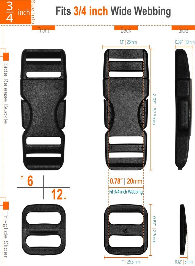 HISUNTEC Buckles & Straps 3/4": 6 yard Nylon Webbing 0.75 inch (20mm) Wide + 6 set Side Release Buckle + 12 pcs Tri-Glide Sliders, Plastic Clips Quick Fasteners Replacement Dual Adjustable No Sewing - Image 2