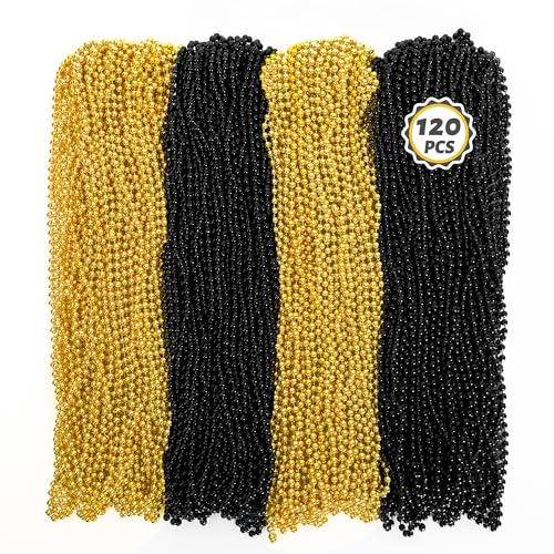 Huskein 120 PCS New Years Beaded Necklace 33 IN Mardi Gras Beads Blackgold Mardi Gras Accessories Bead Necklace Beads Bulk for Party Parade New Years Eve Party Supplies Favors Decor - Image 1
