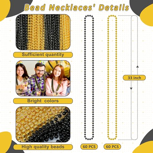 Huskein 120 PCS New Years Beaded Necklace 33 IN Mardi Gras Beads Blackgold Mardi Gras Accessories Bead Necklace Beads Bulk for Party Parade New Years Eve Party Supplies Favors Decor - Image 5