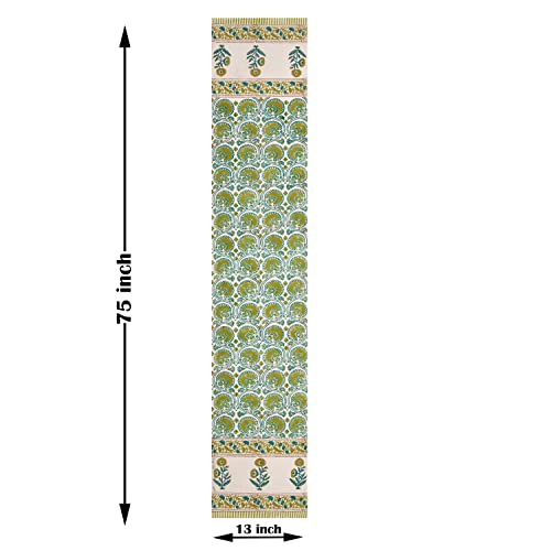 BLOCKS OF INDIA Cotton Hand Block Printed Table Runner for Center/Dining Table (13 x 72 Inches) (Green Motifs) - Image 3