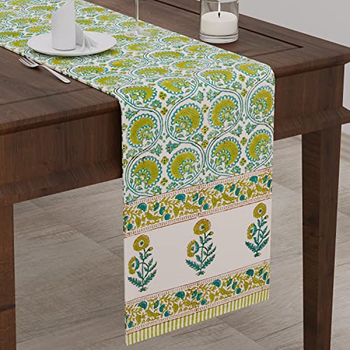 BLOCKS OF INDIA Cotton Hand Block Printed Table Runner for Center/Dining Table (13 x 72 Inches) (Green Motifs) - Image 1