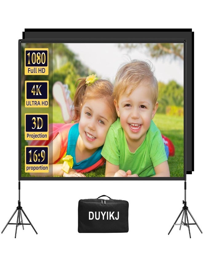 شاشة عرض وحامل 120 بوصة، شاشة عرض محمولة سوداء اللون من DUYIKJ، مناسبة للاستخدام الداخلي والخارجي، بنسبة عرض إلى ارتفاع 16:9، بدقة 4K HD، مقاومة للتجاعيد، مزودة بإطار رباعي الأرجل وحقيبة حمل، مثالية لأمسيات الأفلام في الفناء الخلفي. - Image 1