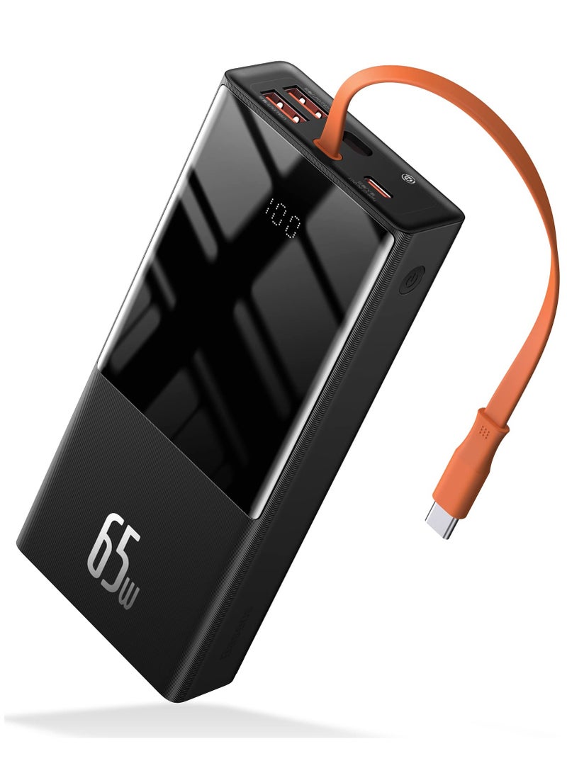 Baseus Powerbank 65 W for Laptop, 20000 mAh Power Bank USB C, Integrated USB-C Cable, External Battery QC 3.0 with 4 Outputs for Lenovo, HP, Dell, MacBook Pro, iPhone, Samsung