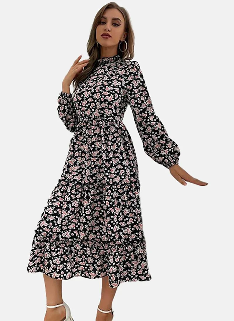يونيكي Black & Pink Floral Printed Fit & Flare Midi Dress