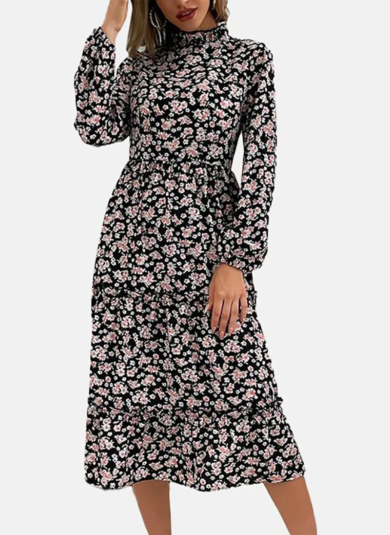 يونيكي Black & Pink Floral Printed Fit & Flare Midi Dress