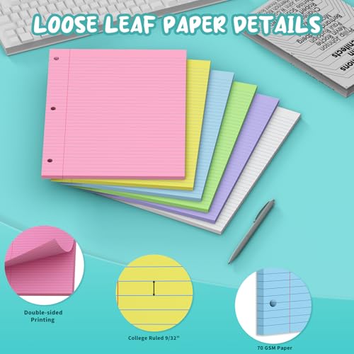 Zaviko 120 Sheets Loose Leaf Paper 8 x 10.5, 6 Colors Lined Paper College Ruled, 3-Hole Punched Notebook Paper 8 x 10.5, 3-Ring Binder Paper 20 Sheets/Pack, Colored Filler Paper for Office, School, Home - Image 4