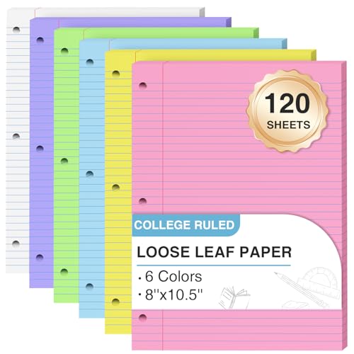 Zaviko 120 Sheets Loose Leaf Paper 8 x 10.5, 6 Colors Lined Paper College Ruled, 3-Hole Punched Notebook Paper 8 x 10.5, 3-Ring Binder Paper 20 Sheets/Pack, Colored Filler Paper for Office, School, Home - Image 1