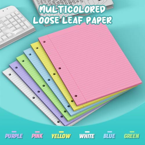 Zaviko 120 Sheets Loose Leaf Paper 8 x 10.5, 6 Colors Lined Paper College Ruled, 3-Hole Punched Notebook Paper 8 x 10.5, 3-Ring Binder Paper 20 Sheets/Pack, Colored Filler Paper for Office, School, Home - Image 3