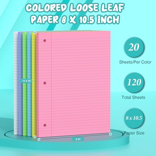 Zaviko 120 Sheets Loose Leaf Paper 8 x 10.5, 6 Colors Lined Paper College Ruled, 3-Hole Punched Notebook Paper 8 x 10.5, 3-Ring Binder Paper 20 Sheets/Pack, Colored Filler Paper for Office, School, Home - Image 2