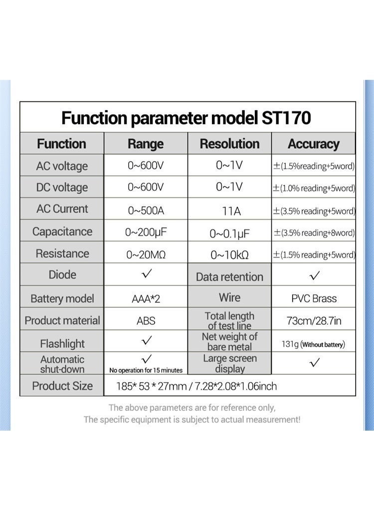 أنينج مقياس التيار الكهربائي الرقمي، مقياس متعدد رقمي، فولتميتر 600 فولت تيار مستمر/تيار متردد، مستلزمات إصلاح الأجهزة المنزلية، مقياس تيار متردد 500 أمبير، جهاز اختبار الجهد والتيار - Image 3
