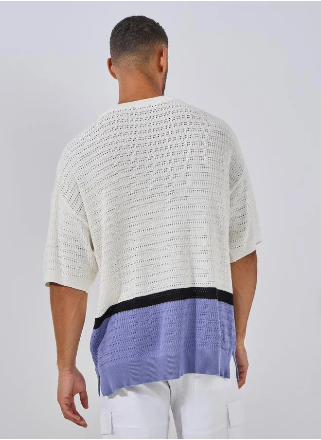 ستايلي Premium Cotton Color Block Knit Oversized T-Shirt