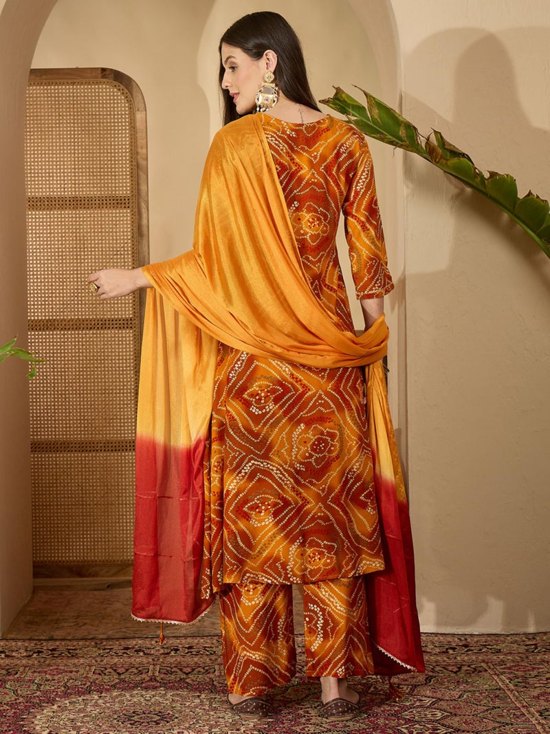EthnicJunction Women's Pure Viscose Bandhani Print and Embroidered Work Kurta Palazzo and Dupatta Set | Ethnic Set for Women | Wedding Suit | Kurta Palaazo Set | Bandhni Kurta Set Mustard - Image 5