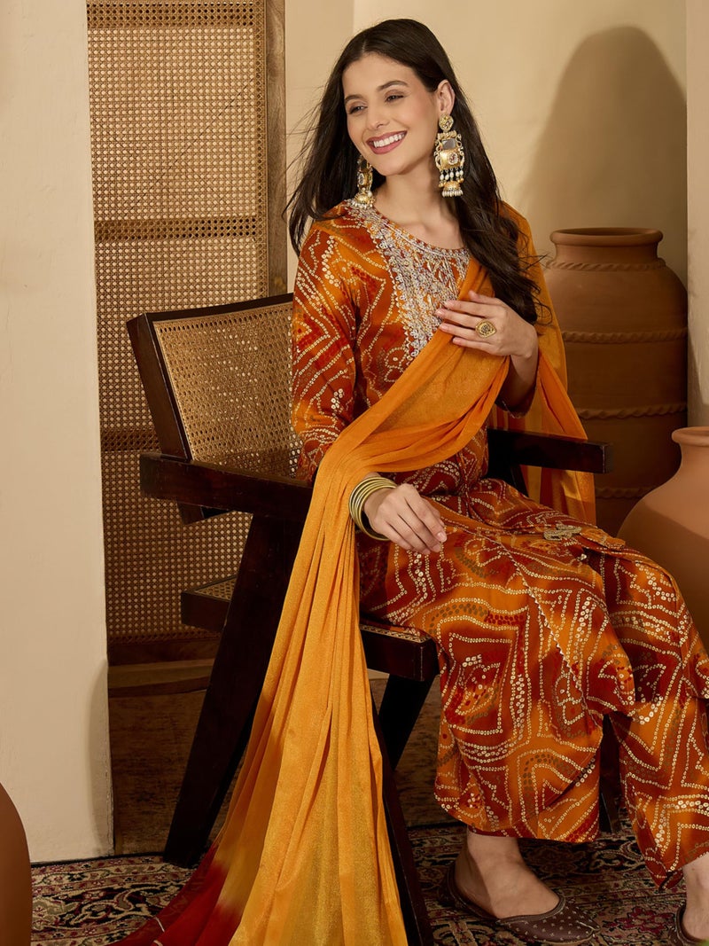EthnicJunction Women's Pure Viscose Bandhani Print and Embroidered Work Kurta Palazzo and Dupatta Set | Ethnic Set for Women | Wedding Suit | Kurta Palaazo Set | Bandhni Kurta Set Mustard - Image 2
