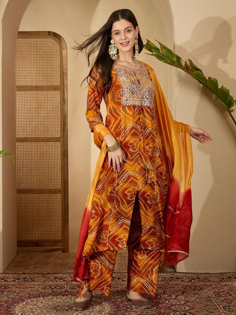 EthnicJunction Women's Pure Viscose Bandhani Print and Embroidered Work Kurta Palazzo and Dupatta Set | Ethnic Set for Women | Wedding Suit | Kurta Palaazo Set | Bandhni Kurta Set Mustard - Image 4